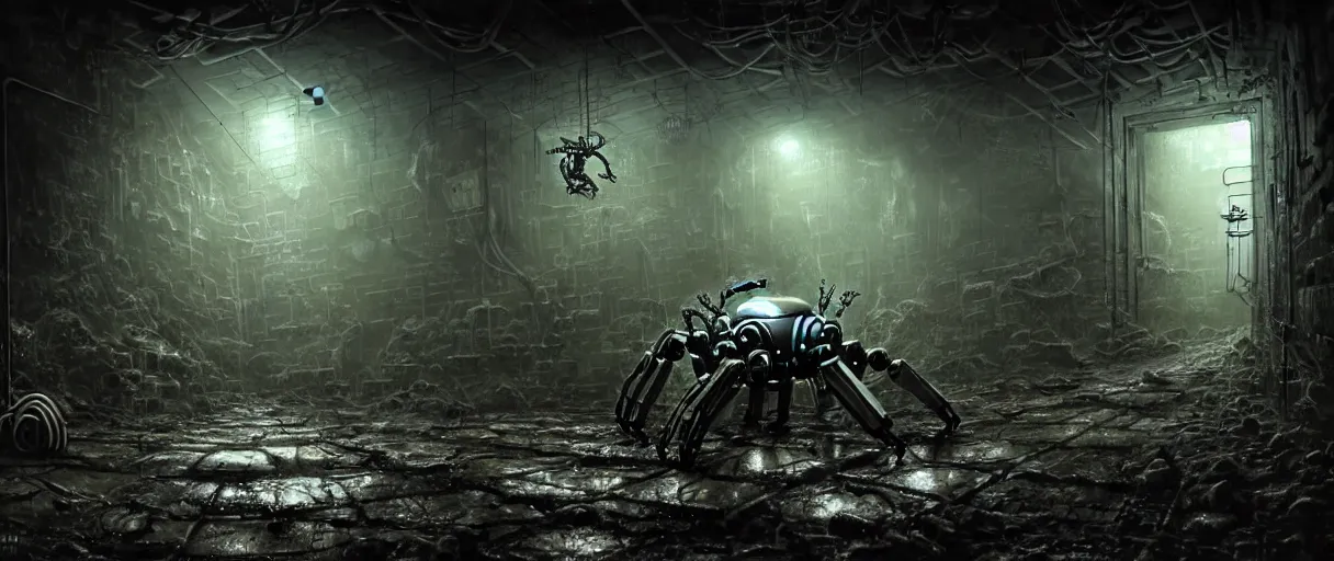 Prompt: destroyed mechanical robot spider in a large dimly lit wet sewer dungeon, mossy walls, long corridor, wide angle shot, ultra detailed, fine drawing, grunge, eldritch horror, hyper real, 4 k, moody lighting, warm colors, shaded, by wlop