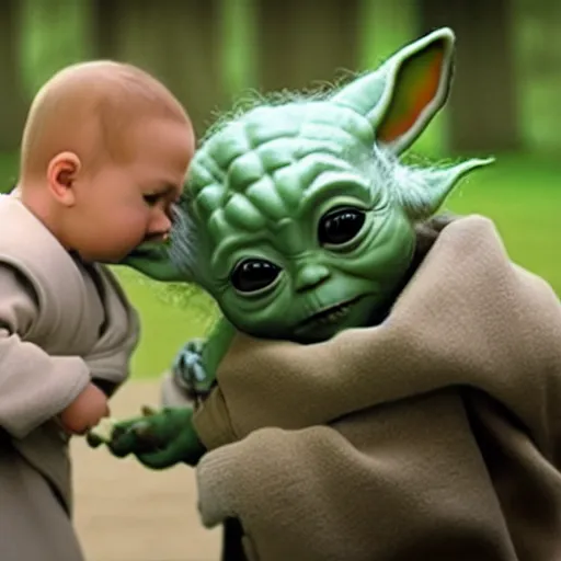 Image similar to a film still of baby yoda's kid training in star wars realistic, detailed