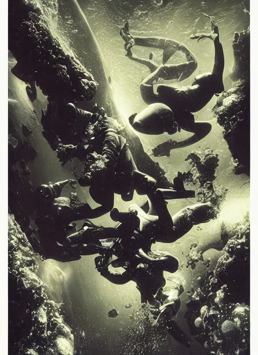 Image similar to astronauts in dark and empty void underwater - complex and hyperdetailed technical suit. reflection and dispersion materials. rays and dispersion of light. volumetric light. 5 0 mm, f / 3 2. noise film photo. flash photography. ultra realistic, wide angle. poster by wayne barlowe, hajime sorayama aaron horkey, craig mullins