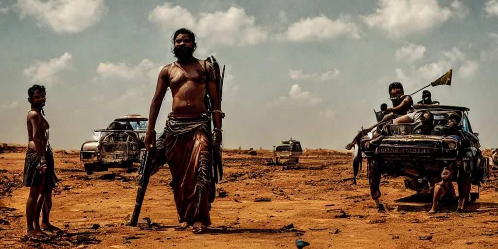 Image similar to sri lankan mad max style, city, film still, epic shot cinematography, rule of thirds