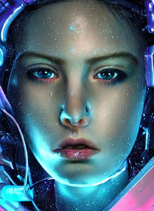 Image similar to beautiful extreme closeup portrait of an cyberpunk girl fully submerged ecxept of the top of her head, stunning look in her eyes, water reflection, neon lighting, in the style of Andrey Gevechanov, highly detailed, soft lighting, elegant,sigma 85mm, Edward Hopper and James Gilleard, Zdzislaw Beksinski, Steven Outram, highly detailed