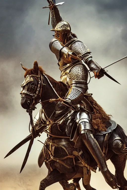 Prompt: a portrait of a medieval knight on horseback wielding a long lance, historical setting, dynamic pose, close - up, intricate details, intricately detailed clothing, intricate textures, warm lighting, vivid colors, smoke and mist, realistic octane render, hyper realistic render, volumetric shading, depth of field, raytracing, 8 k,