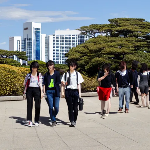 Prompt: Kanda University of International Studies students walking on campus on a sunny day in Makuhari Japan.