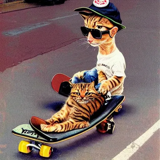 Prompt: a tabby cat standing on its back legs wearing a baseball cap and sunglasses and high top sneakers riding a skateboard on the road in NYC, art by Norman Rockwell