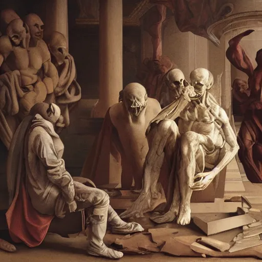 Prompt: evil souls being sculptured by forced renaissance artisan labour, advanced, fantastic reality, 8 k resolution