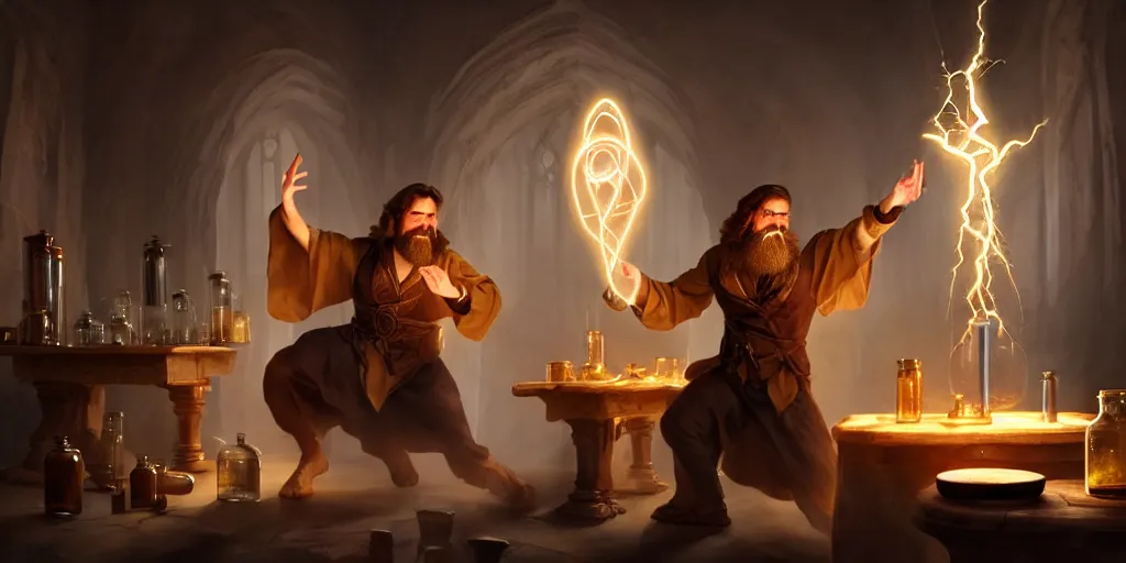 Prompt: a handsome bearded caucasian male sorcerer with brown hair he is casting a spell with flowing energy, he is in a alchemist lab filled with beakers and equipment, neutral pose, epic composition, 4 k, light rays, super coherent, by dave melvin 1. 0 | dan luvisi 2. 0 | greg rutkowski 0. 5