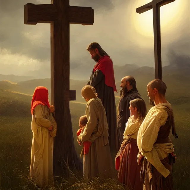 Image similar to poor hungry family praying to a cross, emotional sad painting, very poor, cross, christianity, medieval peasants, fantasy, cruel, dramatic lighting, intricate, wild, highly detailed, digital painting, artstation, concept art, smooth, sharp focus, illustration, art by artgerm and greg rutkowski and alphonse mucha