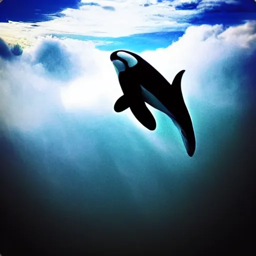 Image similar to photo of !dream “An orca jumping out of a sea of clouds”