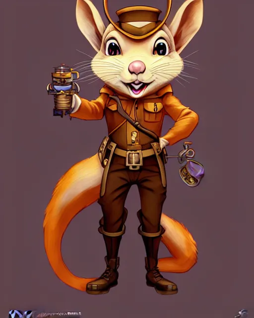 Prompt: don bluth, loish, artgerm, joshua middleton, steampunk, clockpunk anthropomorphic squirrel, full policeman outfit, smiling, symmetrical eyes symmetrical face, colorful animation forest background