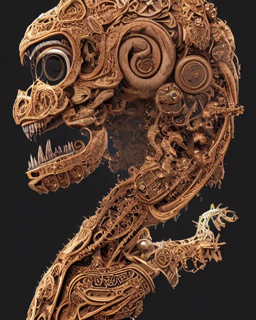 Image similar to 3 d ornate carved robot with tattoos profile portrait, sigma 5 0 0 mm f / 5. beautiful intricate highly detailed quetzalcoatl skull. bioluminescent, plasma, lava, ice, water, wind, creature, thunderstorm! artwork by tooth wu and wlop and beeple and greg rutkowski, 8 k trending on artstation