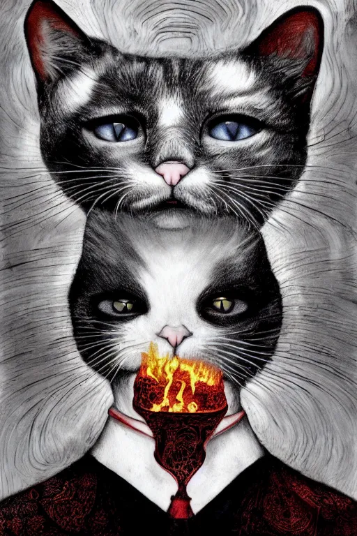 Image similar to cat in the edge of the hell marry, symmetrical art by ludwig, joongwon charles jeong, tjalf sparnaay, gottfried helnwein, roberto bernardi, emanuele dascanio, robin eley, eloy morales, diego fazio, kyle lambert