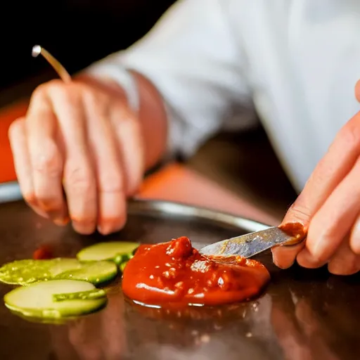 Prompt: photo of an italian man dipping a pickle into ketchup at a fine dining restaurant.