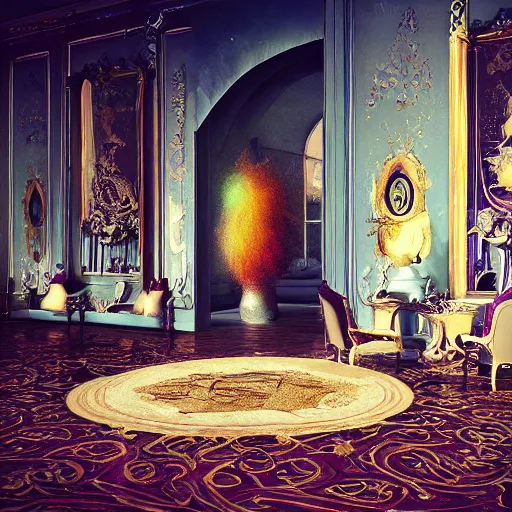 Image similar to Rothschild illuminati royal ball, Salvador Dali painting, octane render, cinematic still
