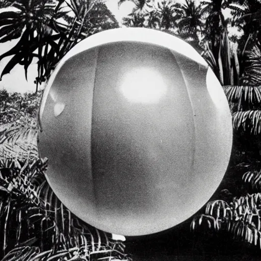 Prompt: a rizom lost film footage of a ( ( ( ( ( sphere ) ) ) ) ) in the middle of the tropical jungle / tribalism / film still / cinematic / enhanced / 1 9 2 0 s / black and white / grain