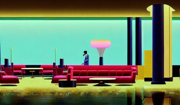 Image similar to a beautiful, sharp focus, clean lines. the interior of a vast 1 9 7 0 s luxury hotel lobby. leopard print. vaporwave ombre rendering. outrun style. trending on artstation. recommended for you behance. wes anderson colors. by chris moore. by edward hopper. ambient occlusion. digital matte painting. metropolis filmic. gotham city.