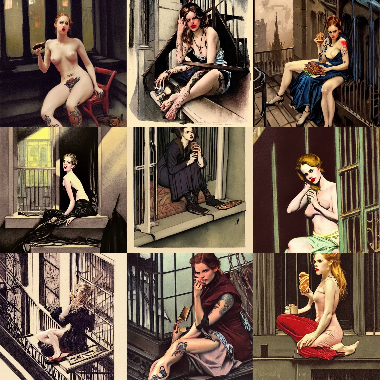 Prompt: character portrait of a tattooed halston sage sitting down on a fire escape eating a sandwich in gothic london, gothic, john singer sargent, muted colors, moody colors, illustration, digital illustration, amazing values, art by j. c. leyendecker, joseph christian leyendecker, william - adolphe bouguerea, graphic style, dramatic lighting, gothic lighting
