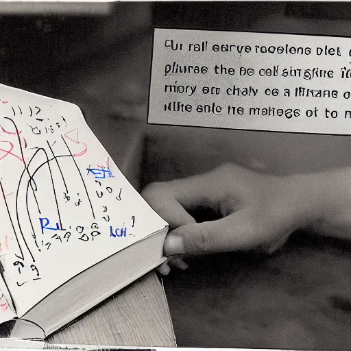 Prompt: circa 1 9 9 9 early digital camera photo of a textbook where doodles have been scribbled in the margins