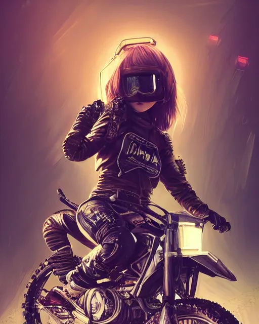 Image similar to cool girl wearing cyberpunk intricate streetwear riding dirt bike, beautiful, detailed portrait, cell shaded, 4 k, concept art, by wlop, ilya kuvshinov, artgerm, krenz cushart, greg rutkowski, pixiv. cinematic dramatic atmosphere, sharp focus, volumetric lighting, cinematic lighting, studio quality