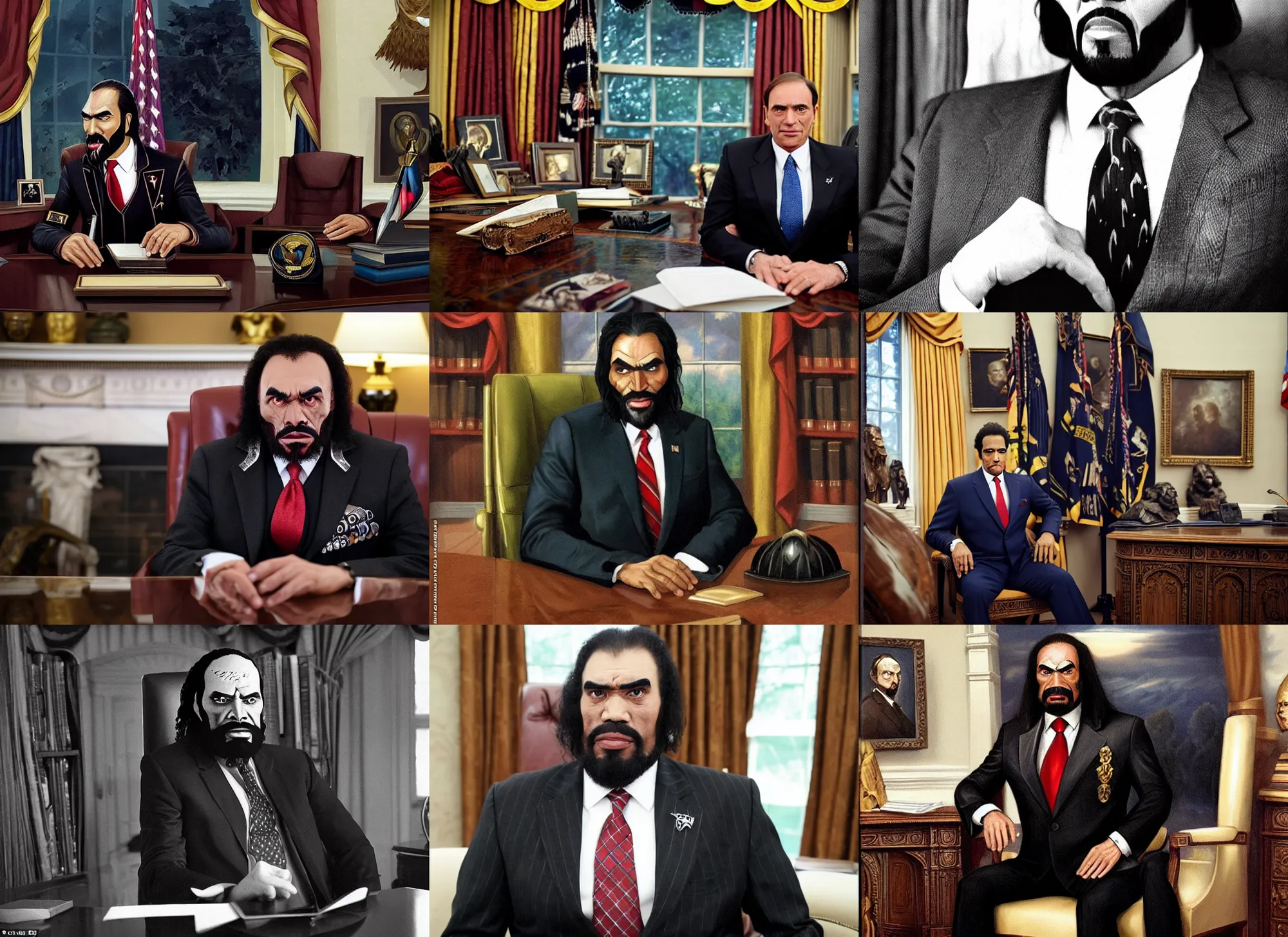 Prompt: a portrait photo of a klingon in the oval office wearing a suit and tie, ( ( photograph ) ), moody, realistic, detailed