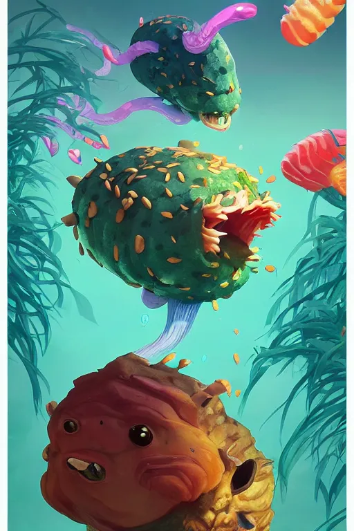 Image similar to 3 d render creature animal sushi cristal very big eye roots cactus elemental flush of force nature micro world fluo fishscale, comics gta 5 cover, official fanart behance hd artstation by jesper ejsing, by rhads, makoto shinkai and lois van baarle, ilya kuvshinov, ossdraws