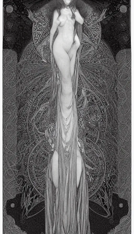 Prompt: yoon young bae as the high priestess, tarot design, by mucha, by agostino arrivabene, black and white graphite drawing, smooth render