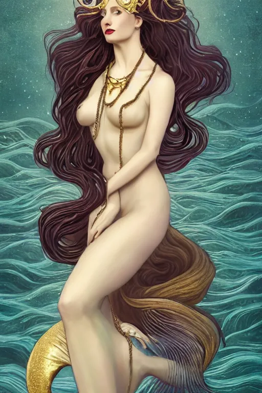 Image similar to a beautiful dark androgynous mermaid, pinup pose, long hair, tall and thin, wearing dozens of pendants and a gown of gold, small delicate crown of the sea on her head, illustration, dramatic lighting, soft details, painting oil on canvas, (art nouveau), octane render, HDR, 4k, 8k, HD, by Brom, Charlie Bowater, (j.c. Leyendecker), faces by otto schmidt