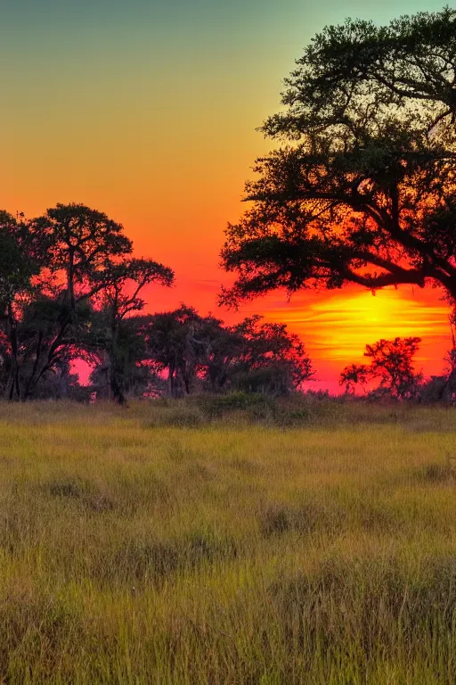 Prompt: A sprawling savannah at golden hour, as the sun sets on the horizon, in the style of bruce ricker