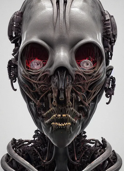 Image similar to a portrait up of a creepy looking biomechanical cthulu head, gigeresque cyberpunk art by ikuo hirayama, photorealism, octane render, behance hd, polycount, glowing fire background