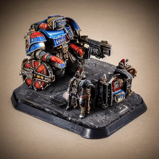 Prompt: 8 0 mm resin detailed miniature of a warhammer 4 0 k space marine driving the popemobile, product introduction photos, 4 k, full body, hyper detailed,