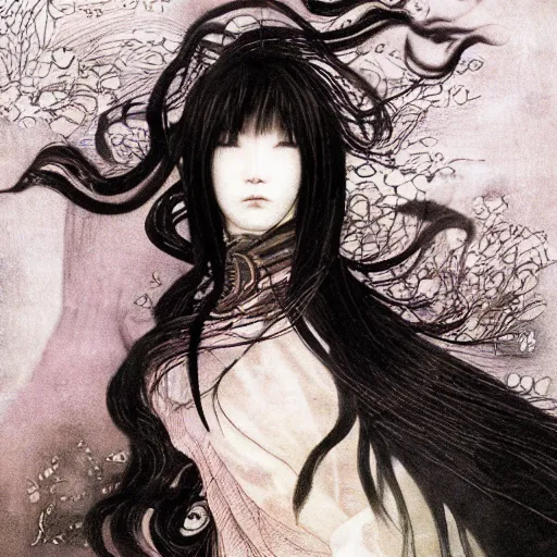 Image similar to yoshitaka amano blurred and dreamy realistic illustration of a japanese young woman with black eyes, wavy white hair fluttering in the wind wearing elden ring armor with engraving, abstract patterns in the background, satoshi kon anime, noisy film grain effect, highly detailed, renaissance oil painting, weird portrait angle, blurred lost edges, three quarter view