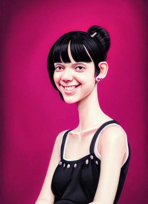 Image similar to portrait of high school girl, realistic, black hair, bangs, half updo hairstyle, pointy nose, skinny, smile, ugly, defined jawline, big chin, pink hair bow, earrings, intricate, elegant, glowing lights, highly detailed, digital painting, artstation, sharp focus, illustration, art by wlop, mars ravelo and greg rutkowski