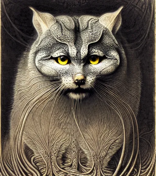 Image similar to detailed realistic beautiful manul portrait by jean delville, gustave dore, iris van herpen and marco mazzoni, art forms of nature by ernst haeckel, art nouveau, symbolist, visionary, gothic, neo - gothic, pre - raphaelite, fractal lace, intricate alien botanicals, ai biodiversity, surreality, hyperdetailed ultrasharp octane render