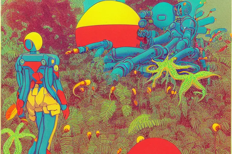 Prompt: risograph grainy drawing vintage sci - fi, satoshi kon color palette, gigantic gundam full - body covered with iridescent worms and plants 1 9 6 0, kodak, with lot tentacles and exotic flowers, natural colors, codex seraphinianus painting by moebius and satoshi kon and dirk dzimirsky