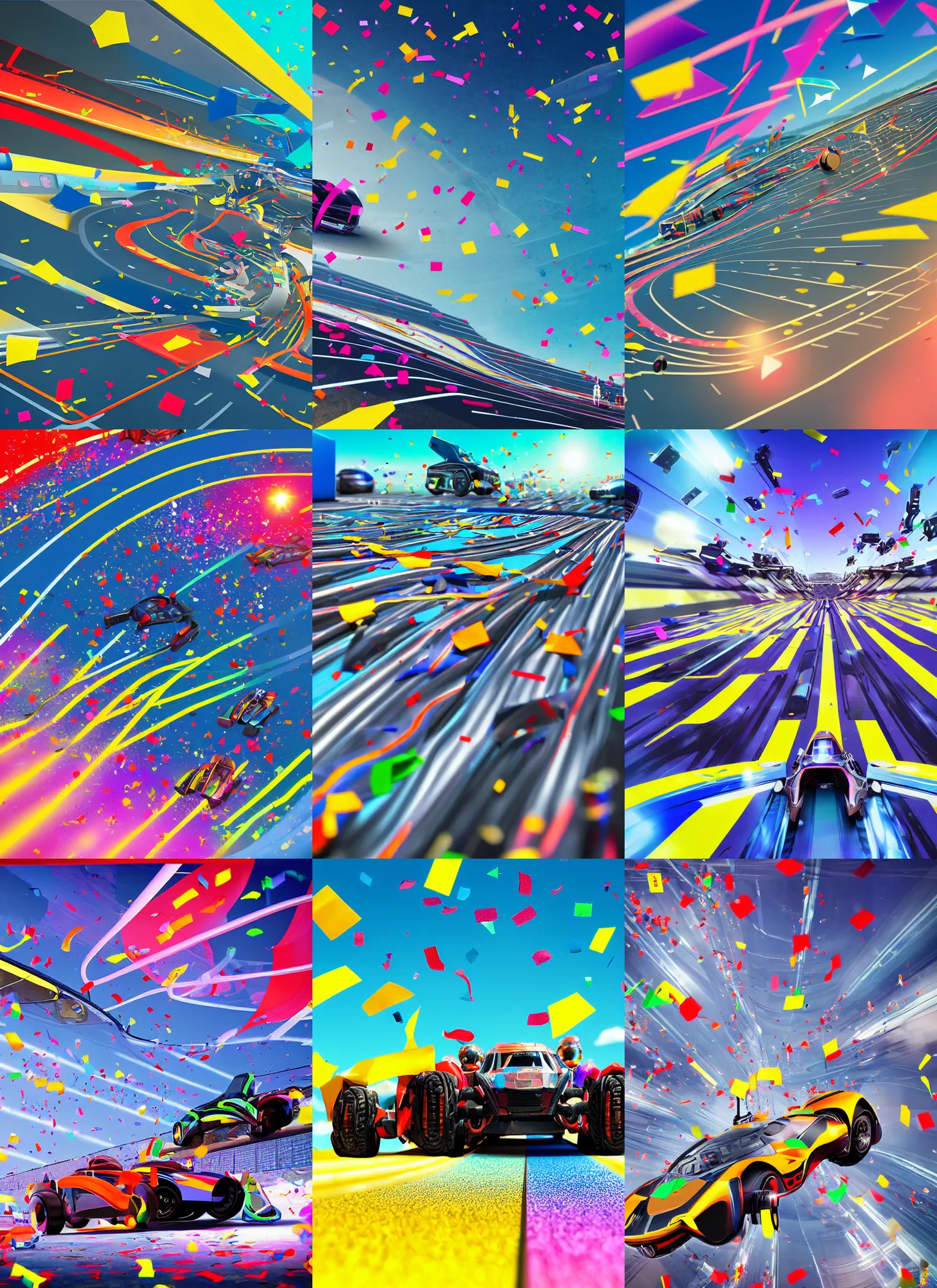 Prompt: angled up low wide angle shot worms eye view of a realistic futuristic vehicle racetrack winners with confetti on a sunny day with a clear blue sky, cyberpunk, digital painting, good value control, vibrant colors, rule of thirds, golden ratio, horizon line focus, sharp focus, 8 k, fourze, realistic textures, f - zero