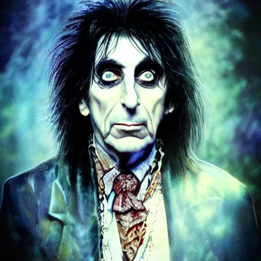 Prompt: alice cooper, portrait, obscure render, aesthetic, gaudy colors, matte painting