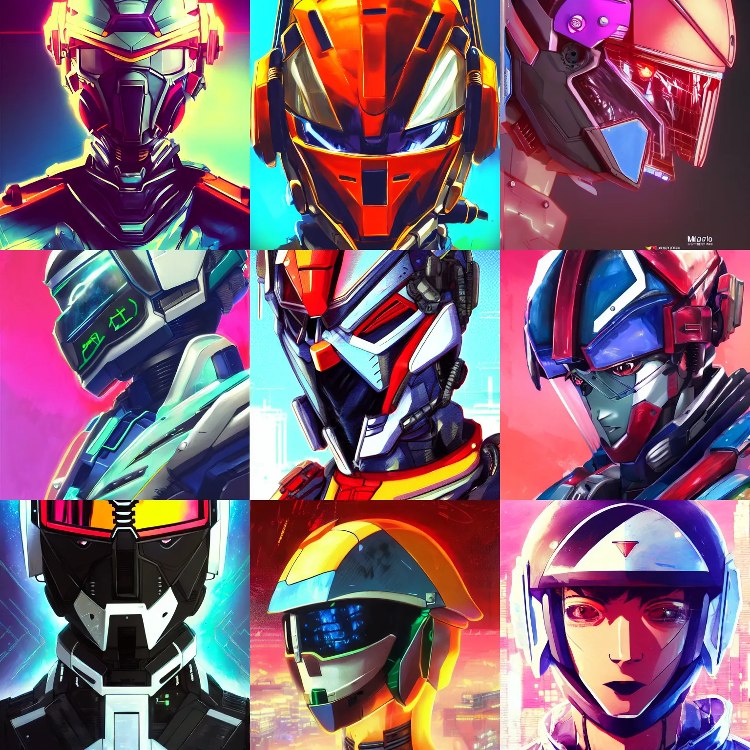 Prompt: anime manga cyberpunk handsome nigerian male athletic gundam pilot portrait with an intricate futuristic urban inspired helmet, hyperrealistic oil painting, by makoto shinkai and ilya kuvshinov and lois van baarle and rossdraws and basquiat, trending on artstation, cmyk, chromatic aberration, bright neon color palette, symmetrical features