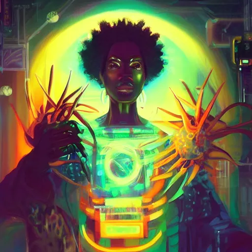 Image similar to afro - cyberpunk deities unseen amongst their creations, a society manifesting dreams with cosmic ancestral magic in a post - modern techno world | hyperrealistic oil painting | by makoto shinkai, ilya kuvshinov, lois van baarle, rossdraws, basquiat | afrofuturism, in the style of surrealism, trending on artstation | dark color scheme