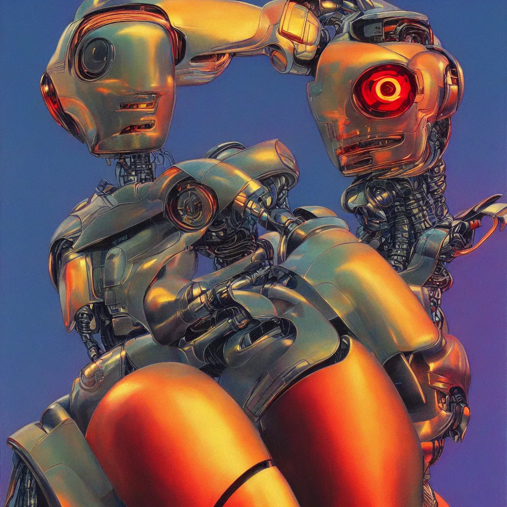 Image similar to portrait of a futuristic robot terminator in the style of Moebius + maxfield parrish + Thomas Ehretsmann, nice colors, hyper-realistic, intrincate, detailed, 8k, goauche painting, bright colors