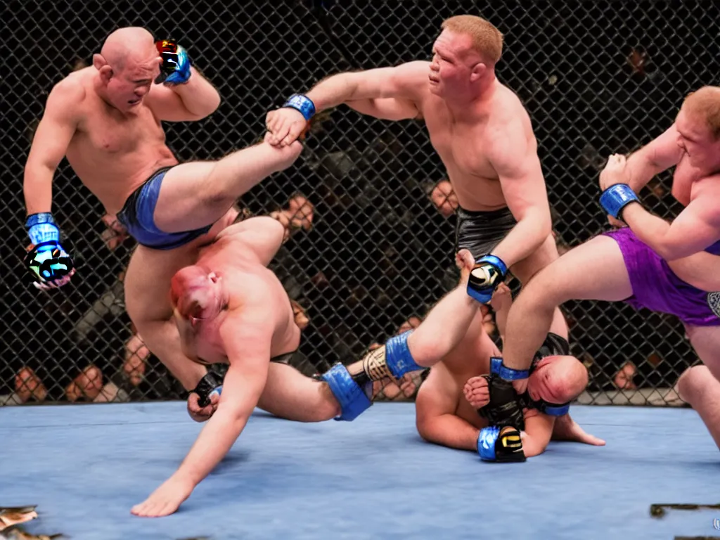 Image similar to Shrek and Barney fighting in an MMA match, sports photography