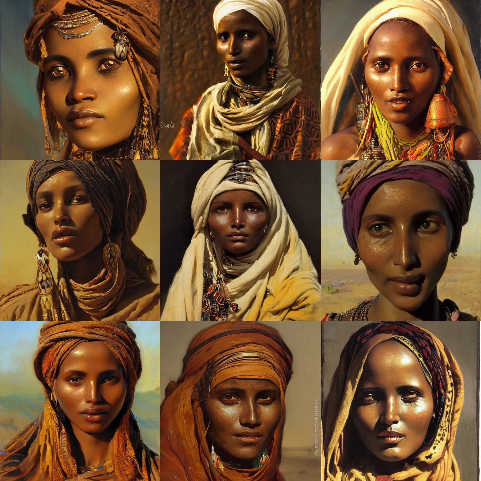 Prompt: cute somali nomad woman desert orientalism face detail by theodore ralli and nasreddine dinet and anders zorn and edwin longsden long, bronze age, sword and sorcery, oil on canvas, masterful intricate artwork, excellent lighting, high detail 8 k