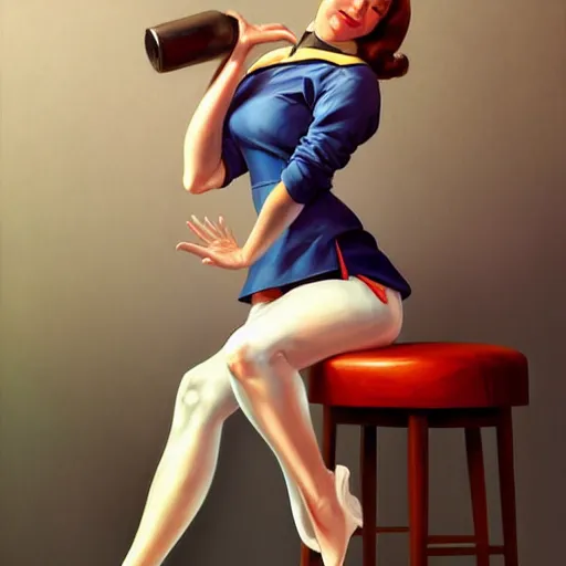 Image similar to portrait of a nurse on a stool, expressive pose, futuristic, highly detailed, digital painting, artstation, concept art, smooth, sharp focus, by Alberto Vargas