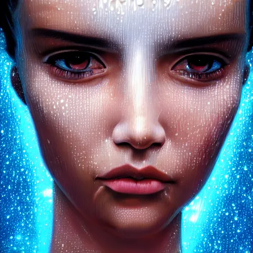 Image similar to closeup of sweating forehead, big drops of sweat, airbrush painting, forehead only, by Hajime Sorayama, symmetric face, beautiful face, highly realistic, star flares, trending on artstation, beautiful lighting, sharp, details, hyper-detailed, HD, HDR, 4K, 8K