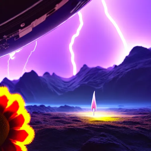 Image similar to astronaut finding a flower on an alien planet with mountains, water, strange clouds, hyper realistic, dramatic lightning, ray tracing, 8 k