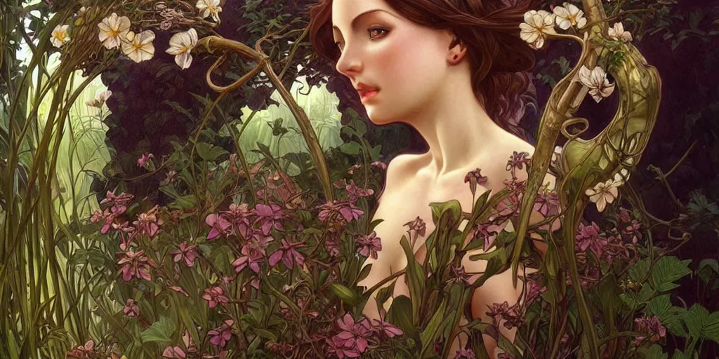 Image similar to beautiful woman in the garden of eden, dark surrealism, intricate, elegant, highly detailed, artstation, concept art, smooth, sharp focus, illustration, art by artgerm and moebius and alphonse mucha