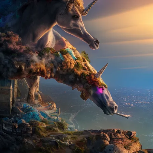 Prompt: a iridescent unicorn looking off a cliff overlooking a city covered in toxic smog, ultra realistic, concept art, intricate details, highly detailed, photorealistic, octane render, 8 k, fantasy art