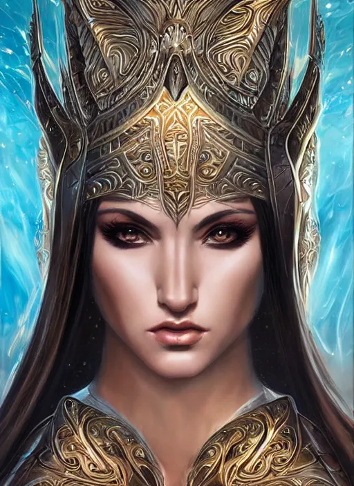 Image similar to a highly detailed symmetrical painting of a female model fantasy amazon with piercing beautiful eyes, trending art by artgerm and karol bak and mark brooks