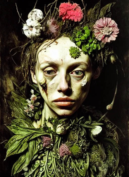 Image similar to beautiful and detailed rotten woman made of plants and many different types of flowers, muscles, intricate, organs, ornate, surreal, john constable, guy denning, gustave courbet, caravaggio, romero ressendi