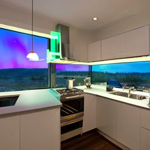 Image similar to Aurora Borealis located entirely within a kitchen.