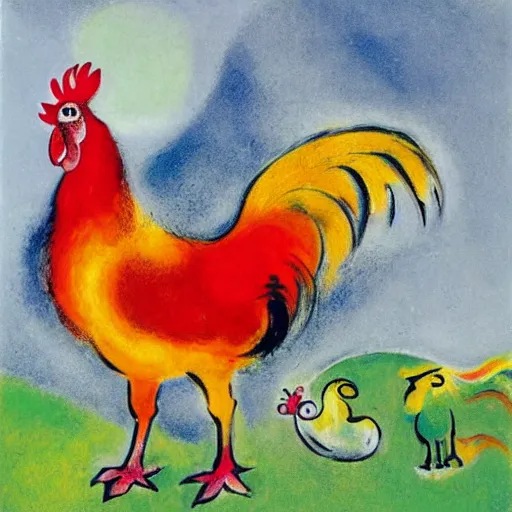 Prompt: a rooster and a goat in the style of marc chagall