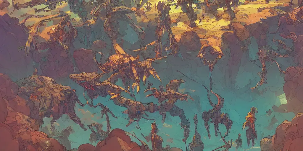 Prompt: a study of cell shaded cartoon of horizon zero dawn, illustration, wide shot, vibrant colors, concept art by josan gonzales and wlop, by james jean, victo ngai, david rubin, mike mignola, laurie greasley, highly detailed, sharp focus, trending on artstation, hq, deviantart, art by artgem